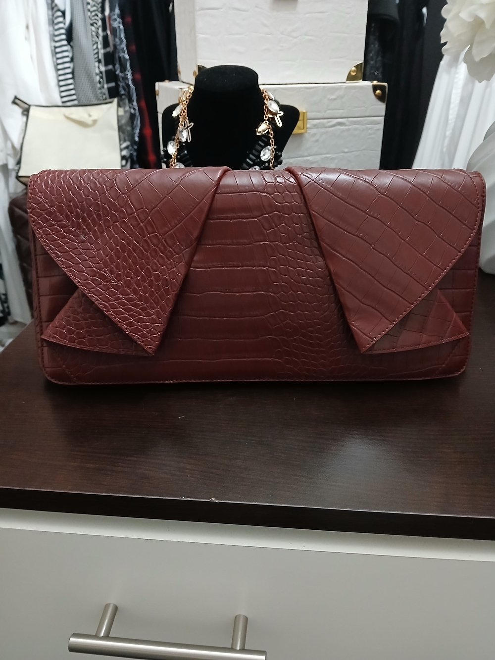 Bebe Croc-Embossed Envelope Clutch in Burgundy